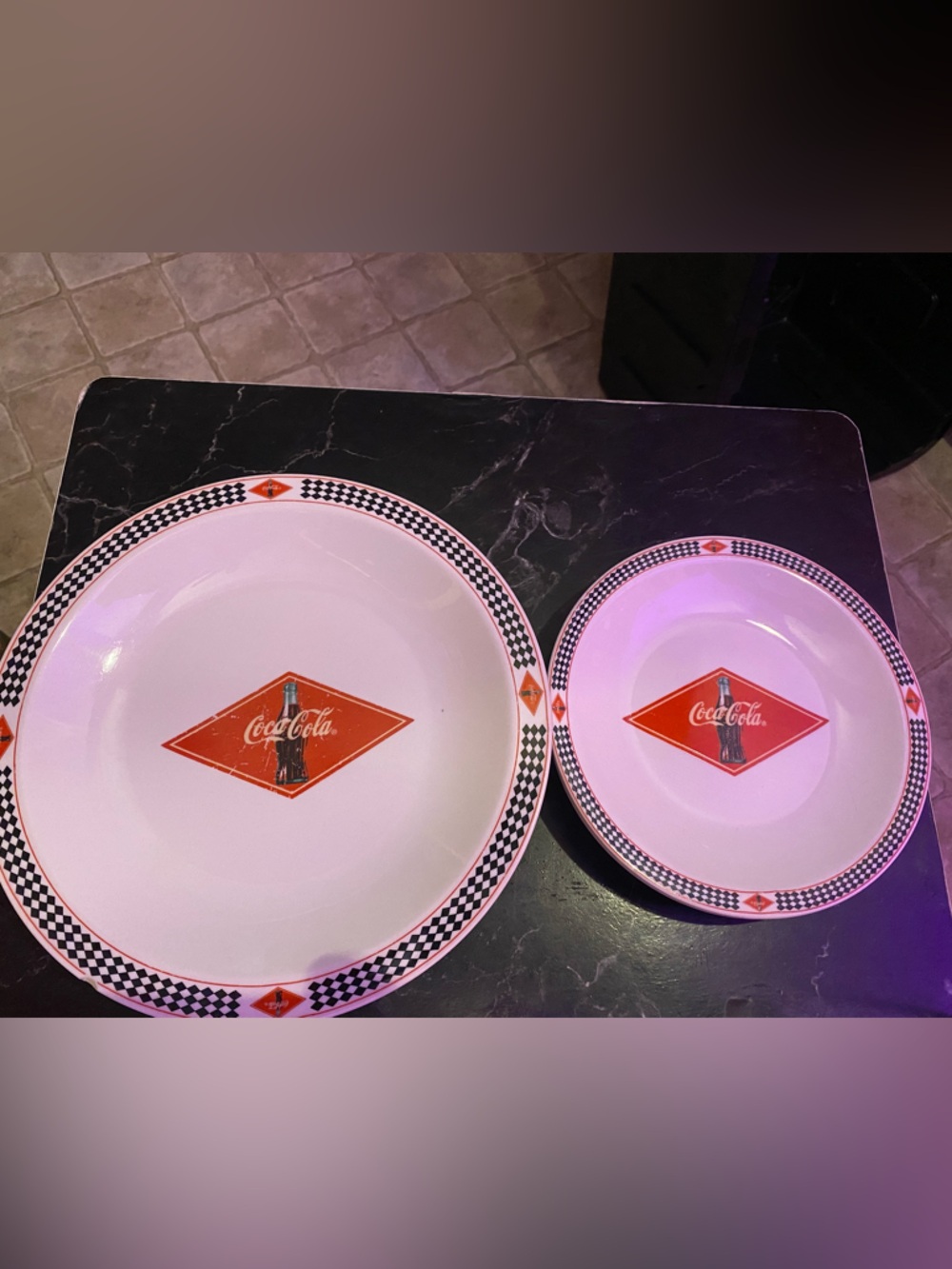 Coca Cola White Bowl Set with Red Diamond Logo and Black Checkered Rim